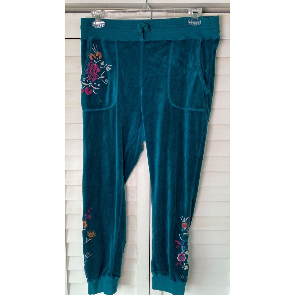 JW Los Angeles Pants Womens Teal Velour Jogger Sweatpants Floral Embroidered | L